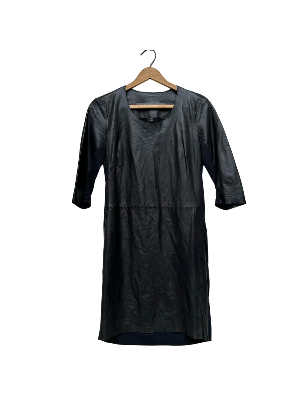 Raquel Allegra 1/2 Sleeve Crew Neck Leather Dress - Size S - Black